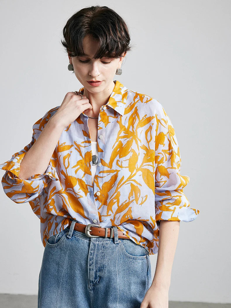 100% Ramie Printed Blouse  -  Women's Turn-Down Collar Shirt in Blue, Green, or Yellow
