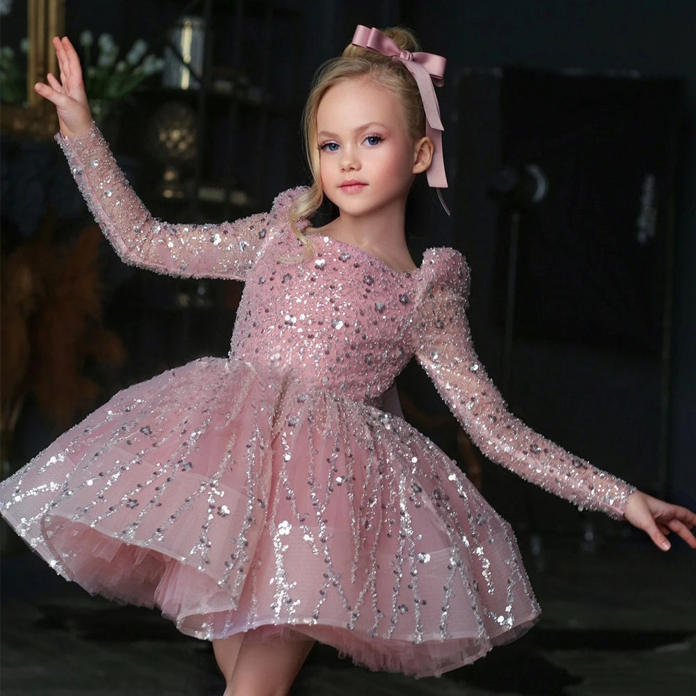 Elegant Pink Flower Girl Dress with Sequins A-Line Long Sleeve Christmas Princess Dress