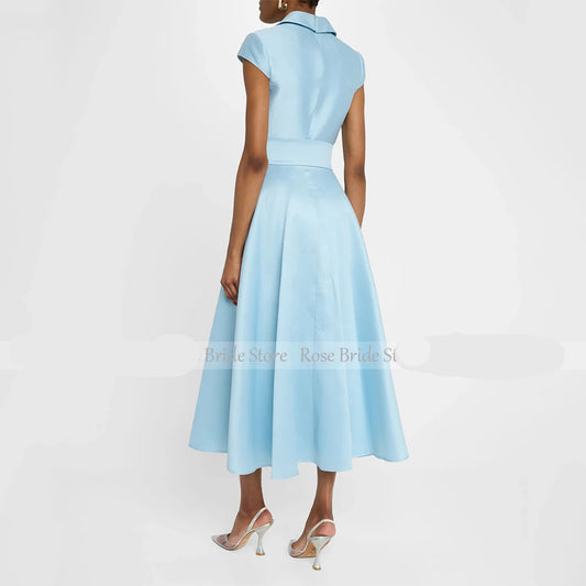 V-Neck Satin A-Line Tea-Length Cocktail Dress - Ivory - US Size 2 - HER SHOP