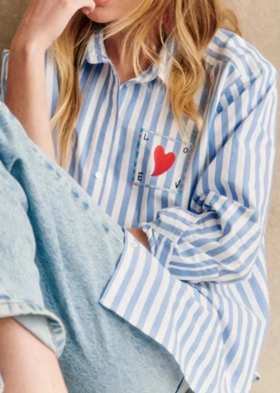 Early Spring Women's Striped Letters Love Lapel Buttoned Long Sleeve Top Shirt