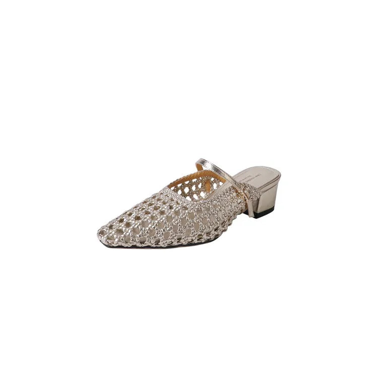 2025 Braided Slipper Women Covered Pointed Toe Buckle Up Mules Female Med Chunky Heels Daily Outdoor Breathable Slides