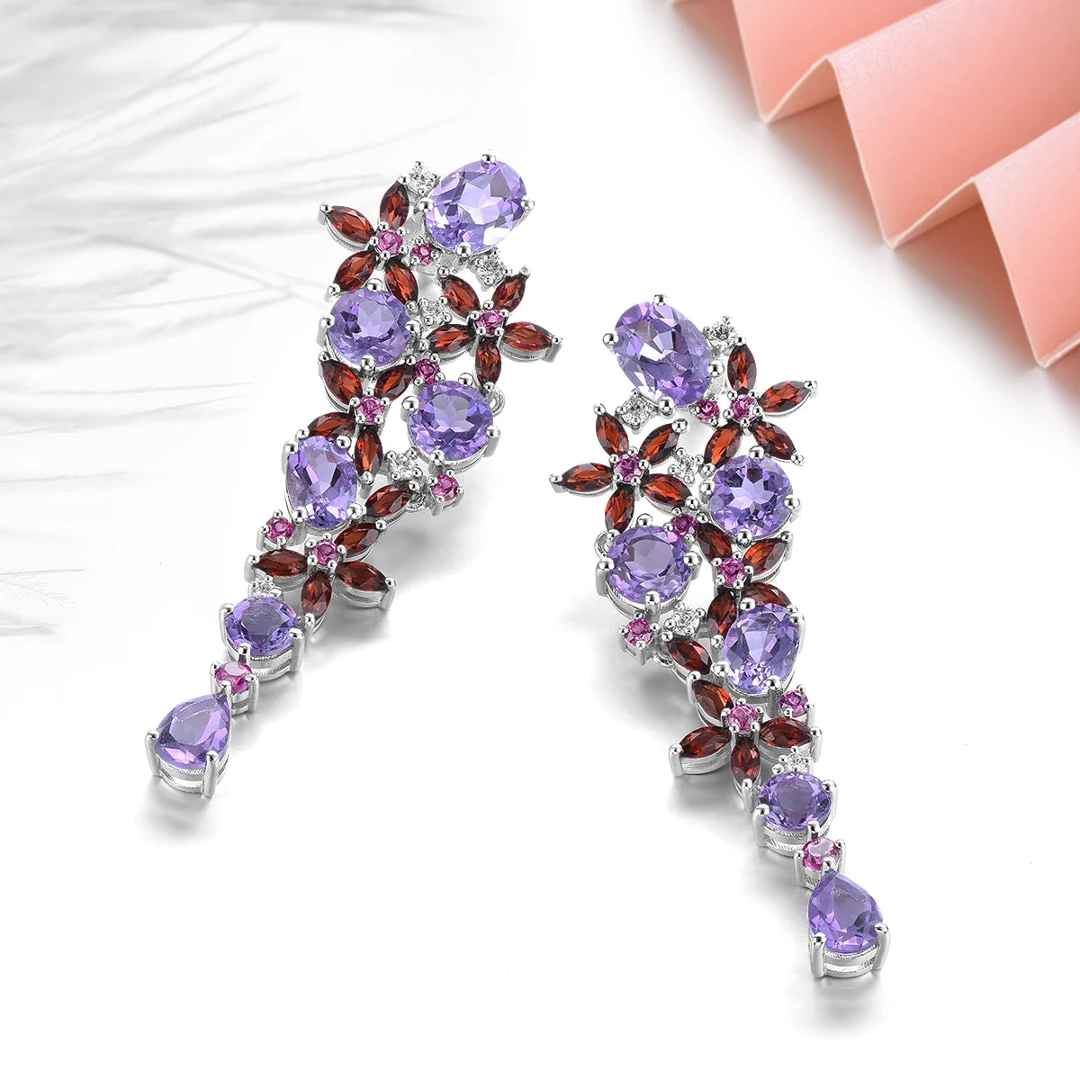 Natural Amethyst & Garnet Sterling Silver Drop Earrings 13.8 Carat Multicolor Gemstone Fine Jewelry for Engagement
