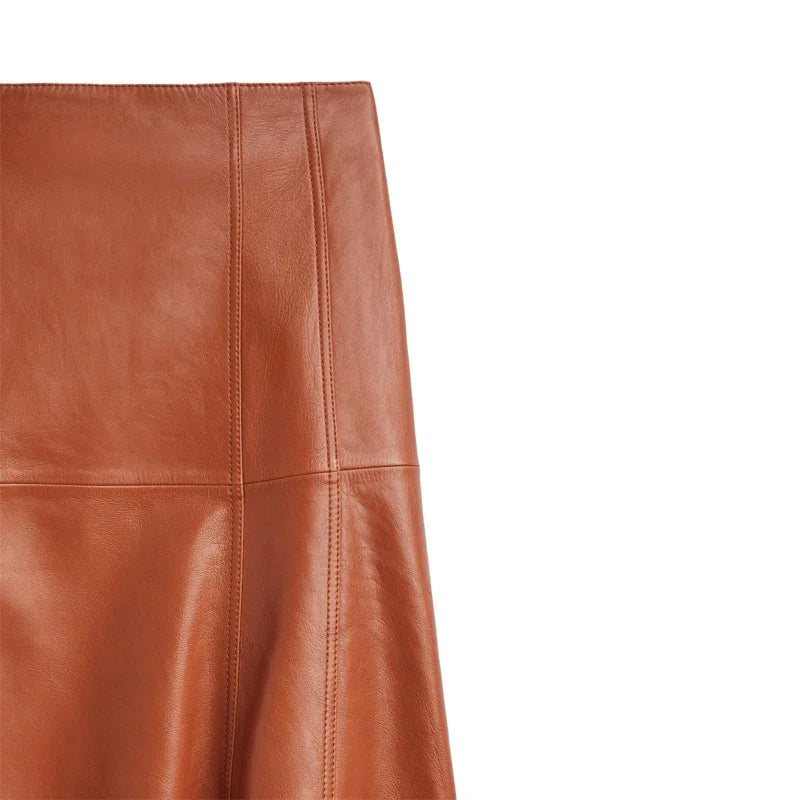 Leather Long 80cm Skirt Women New Fashion Attractive Seam Design Pleated Maxi Skirt Ladies Faldas Largas Streetwear Customizable