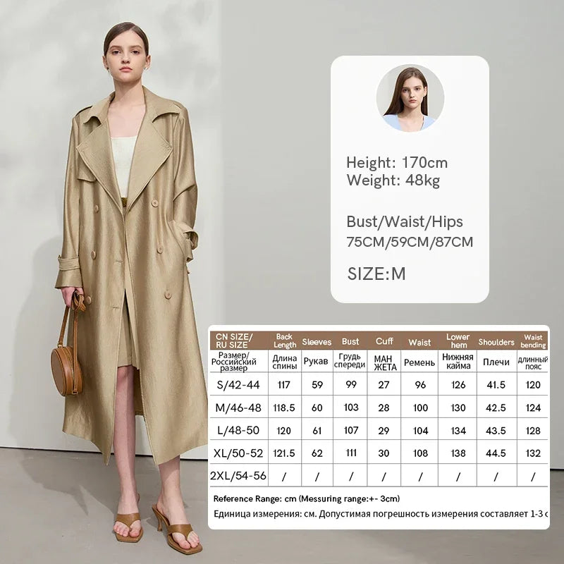 Minimalist Wide-Waist Trench Coat for Women - 2025 Spring/Summer Long Double-Breasted Overcoat with Turn-Down Collar