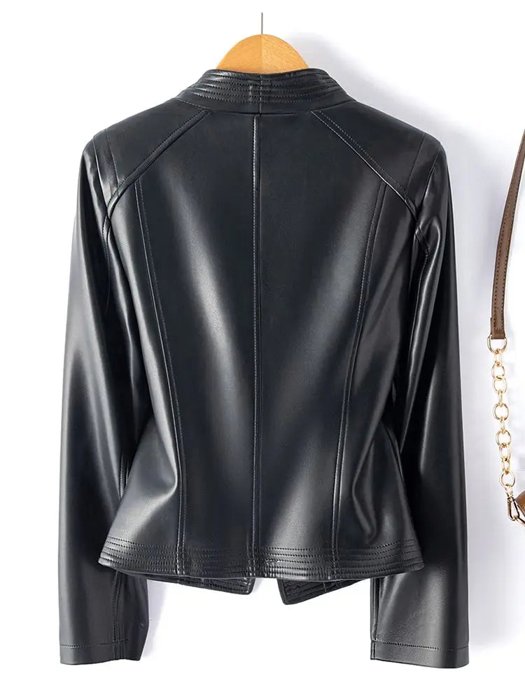 Women’s Sheepskin Leather Jacket – Short Slim Fit Split Design Coat in Black or Wine Red (M–5XL)