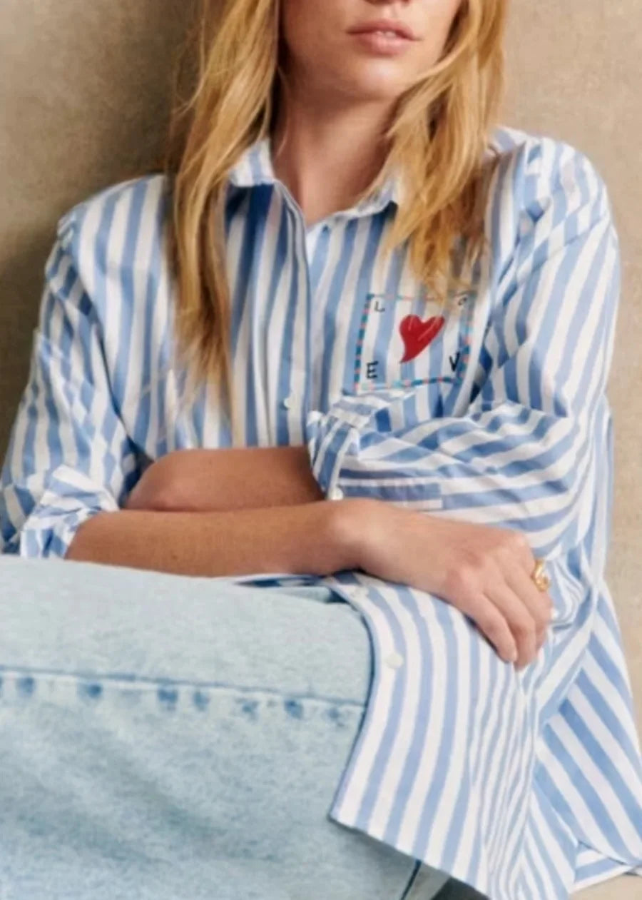 Early Spring Women's Striped Letters Love Lapel Buttoned Long Sleeve Top Shirt