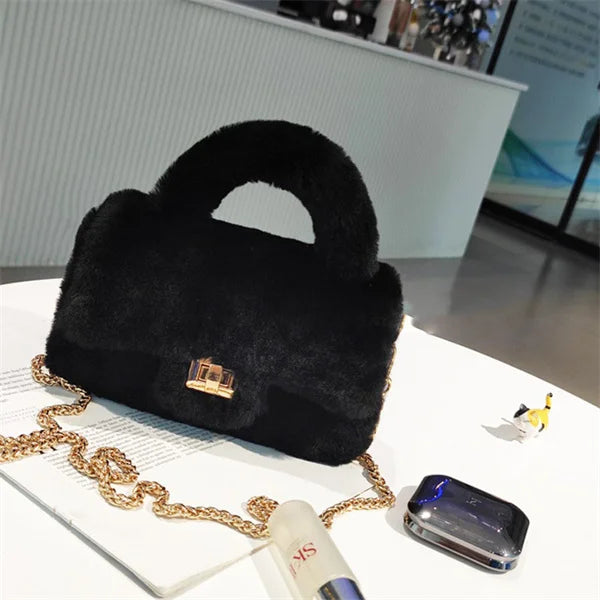Lamb Fur Women’s Small Handbag – Soft Plush Chain Shoulder Bag & Fluffy Everyday Clutch
