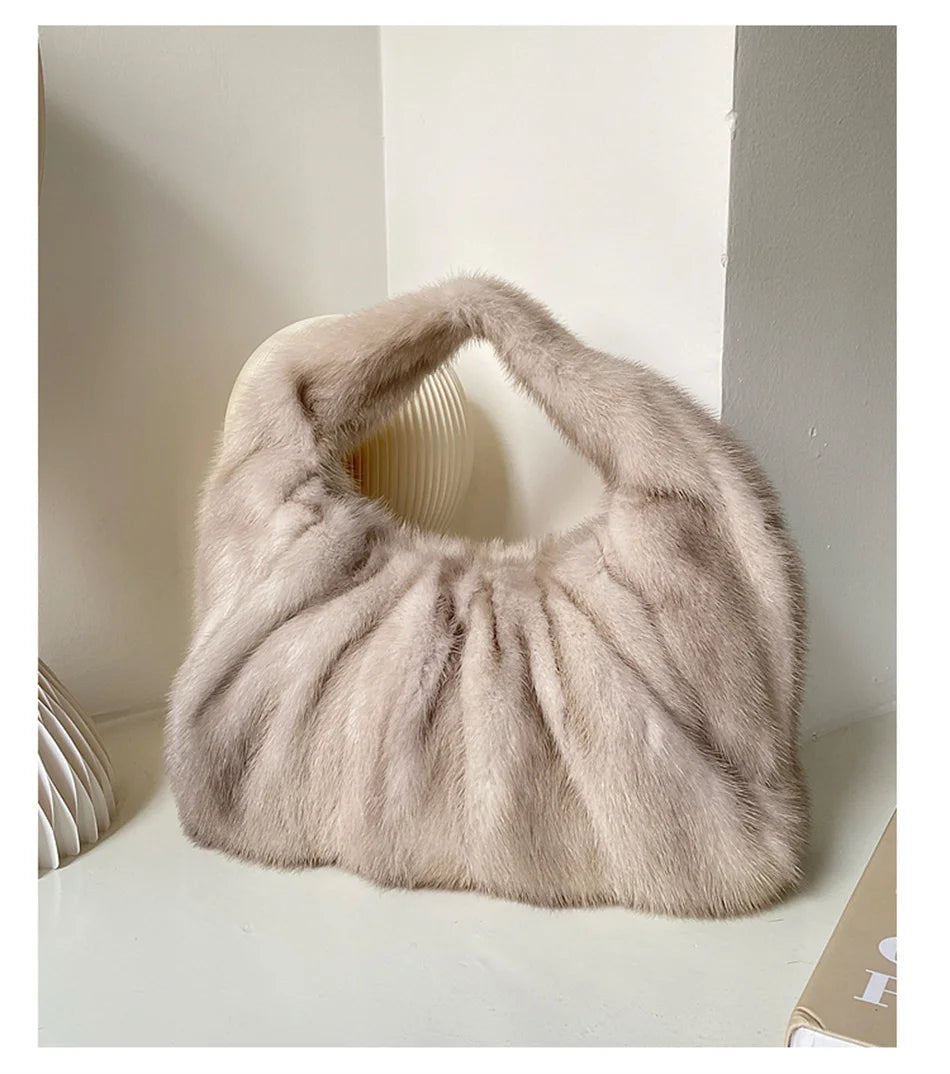 Women’s Real Mink Fur Luxury Shoulder Bag – Large Capacity Leather Crossbody Handbag
