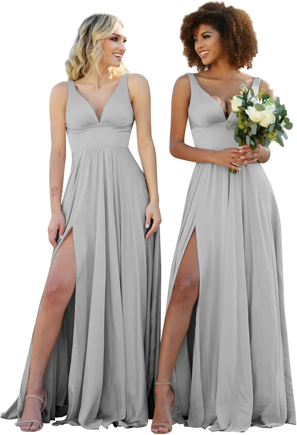 Champagne Gold Bridesmaid Dress – Elegant V-Neck Satin Chiffon Gown for Wedding, Prom & Formal Events
