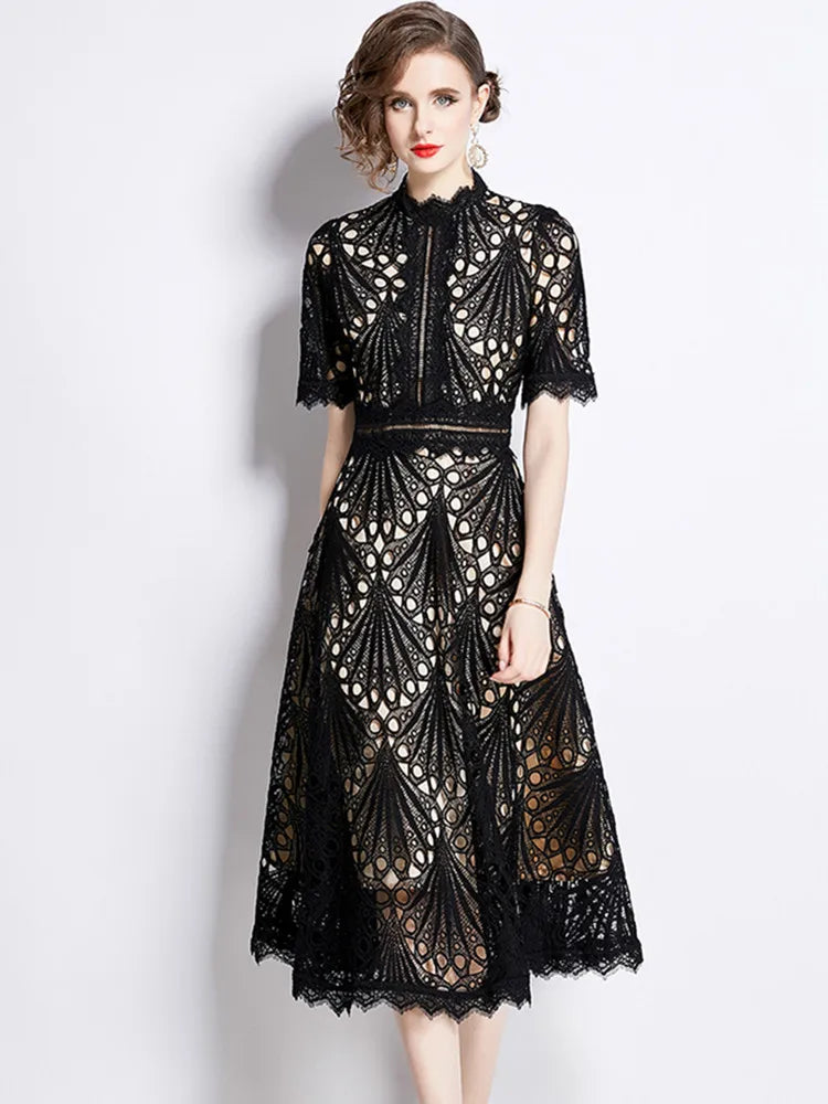 High-End Lace Hollow Out Summer Dress Women's Runway Embroidery Design Vintage Elegant Short Sleeve Dresses