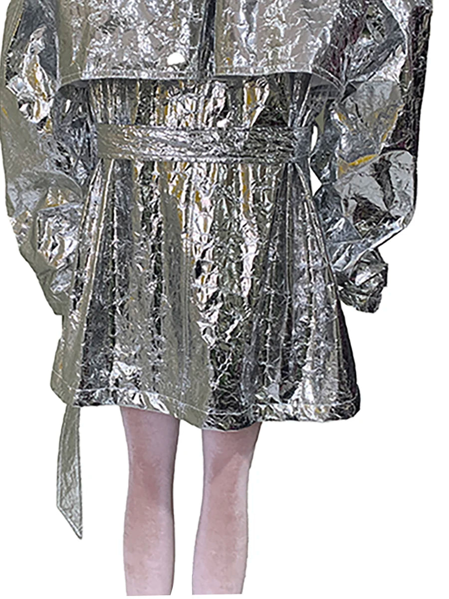 Autumn Oversized Shiny Silver Trench Coat for Women Belt Double Breasted European Fashion Emo Clothes Y2K Streetwear