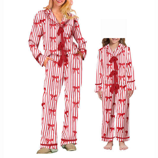 Mommy and Me Matching 2Piece Bow/Heart Print Pajamas Set Tie Front Long Sleeve Lapel Neck Tops+ Pants Family Matching Sleepwear - HER SHOP