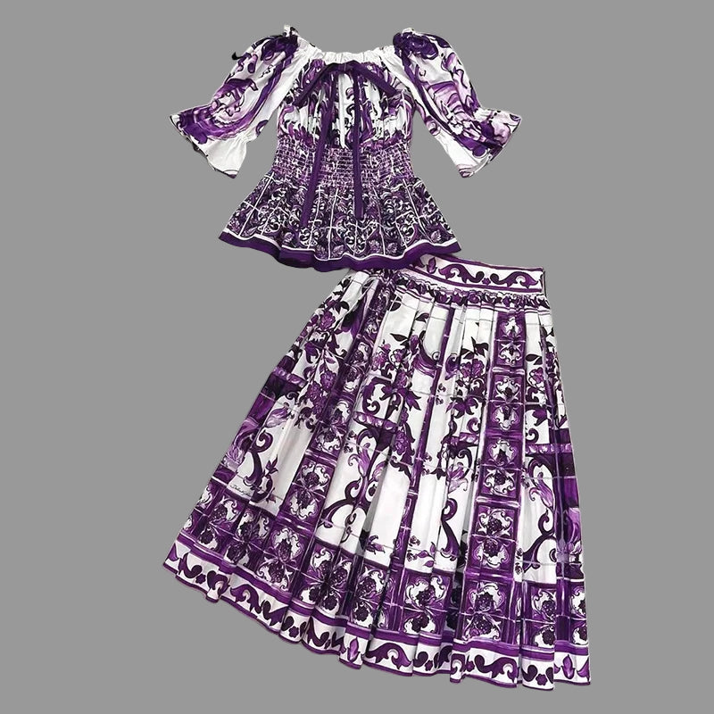 Purple and white patterned dress on a hanger with 'Seifrmann' branding.