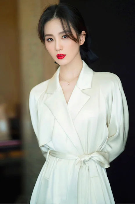 Effortless Chic Gloss 100% Heavy Silk Satin Champagne Double Breasted Belted Trench Elegant Turn-Collar Long Coat Event Outwear