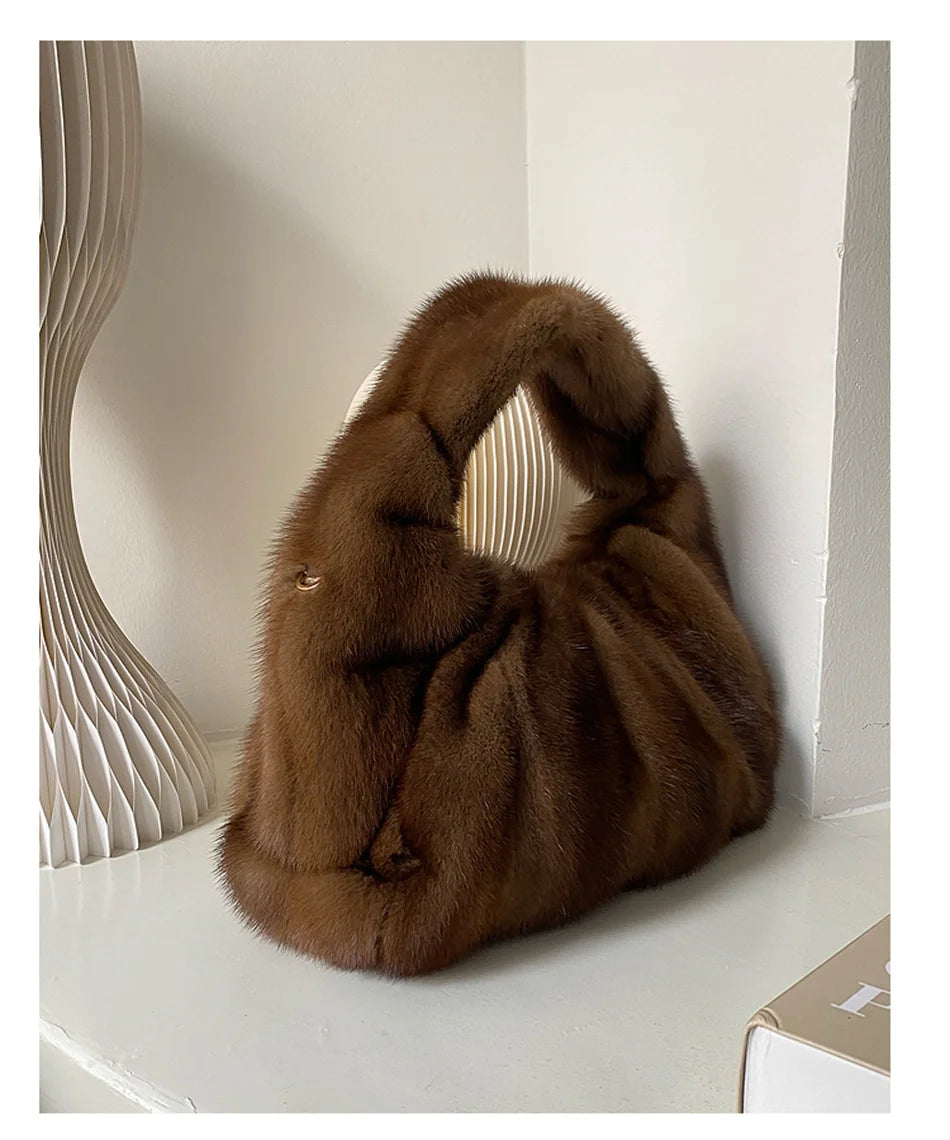 Women’s Real Mink Fur Luxury Shoulder Bag – Large Capacity Leather Crossbody Handbag