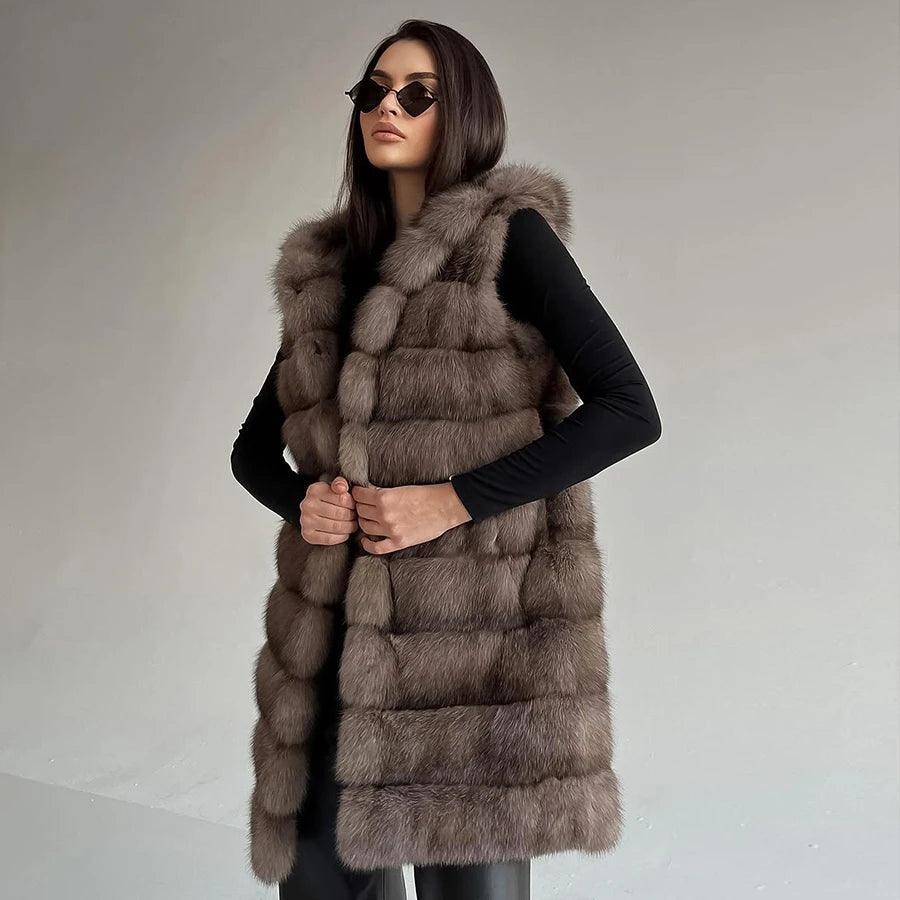 2024 Women's Luxury Fox Fur Vest – Mid-Long Waistcoat J...