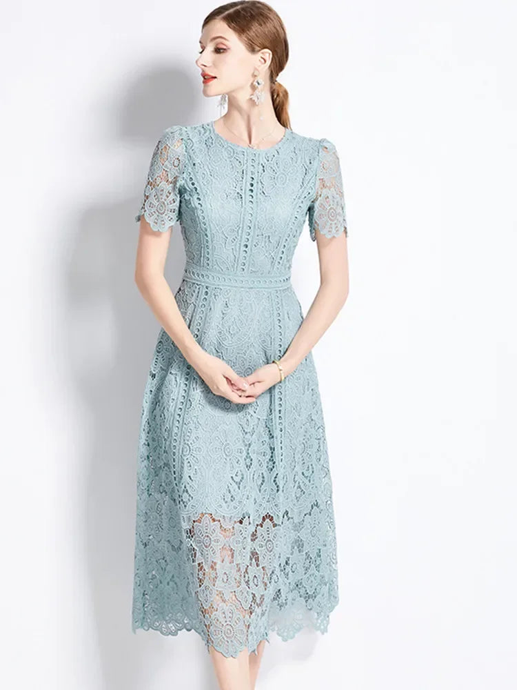 High-End Lace Hollow Out Summer Dress Women's Runway Embroidery Design Vintage Elegant Short Sleeve Dresses