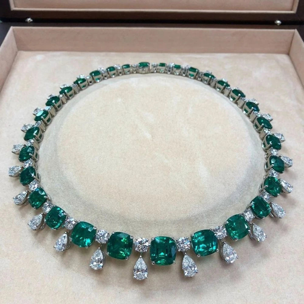 Vintage 100% 925 Sterling Silver 17MM Emerald High-Carbon Diamond Gemstone Pendant Necklace Fine Jewelry, Anniversary Gifts
