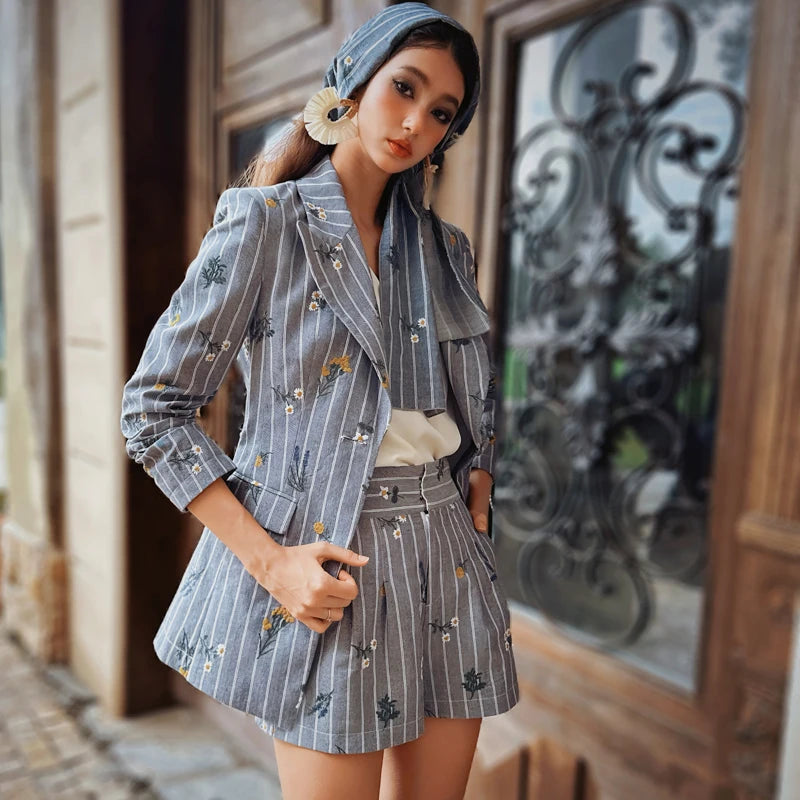 Urban Bohemian Chic Blue Striped Embroidered Blazer - HER SHOP