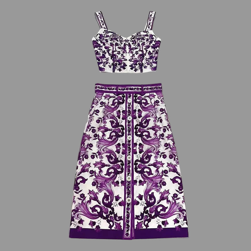 Purple and white floral-patterned two-piece outfit on a transparent hanger against a gray tiled background.