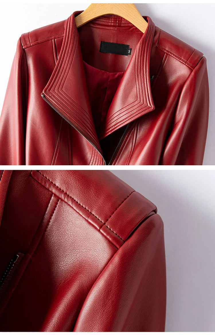 Women’s Sheepskin Leather Jacket – Short Slim Fit Split Design Coat in Black or Wine Red (M–5XL)