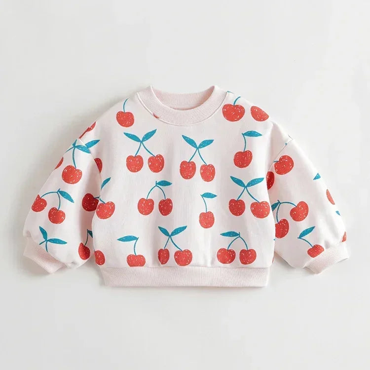Girls Long Lantern Sleeve Sweatshirts Cherry Printed Round Neck Shirts Soft Cute Pullover Tops 231238