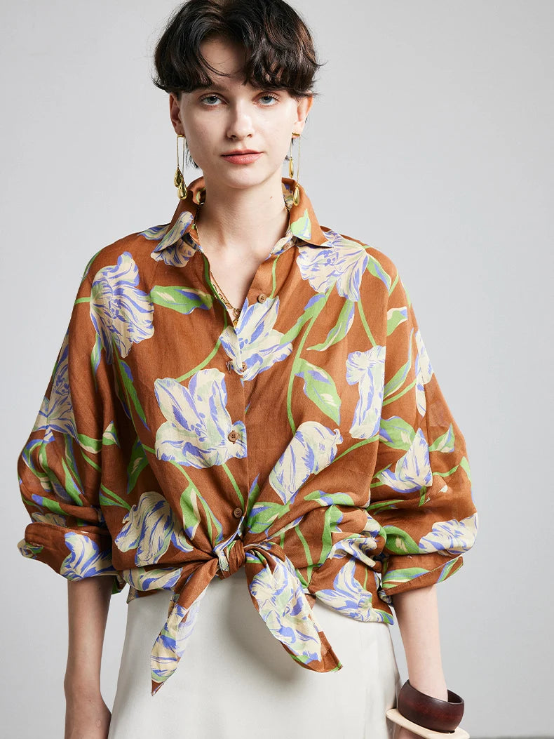 100% Ramie Floral Blouse  -  Pink Turn-Down Collar Shirt