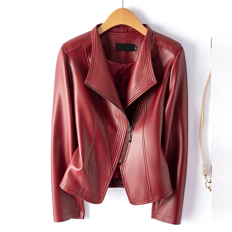 Women’s Sheepskin Leather Jacket – Short Slim Fit Split Design Coat in Black or Wine Red (M–5XL)
