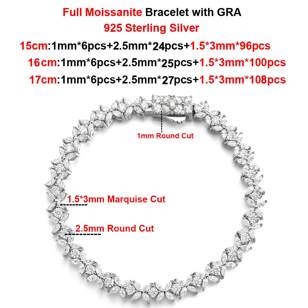 Four Petal Flower Marquise Round Cut Moissanite Diamond Tennis Bracelet for Women 925 Sterling Silver Wedding Fine Jewelry GRA