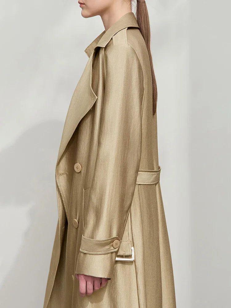 Minimalist Wide-Waist Trench Coat for Women - 2025 Spring/Summer Long Double-Breasted Overcoat with Turn-Down Collar