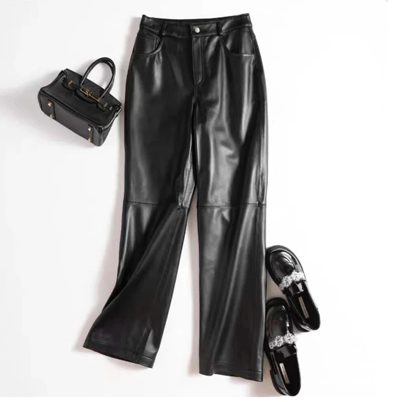 Leather Long Pants Women New Commuter Waist Slim Sheepskin Wide Leg Full Length Straight Cylinder Trousers