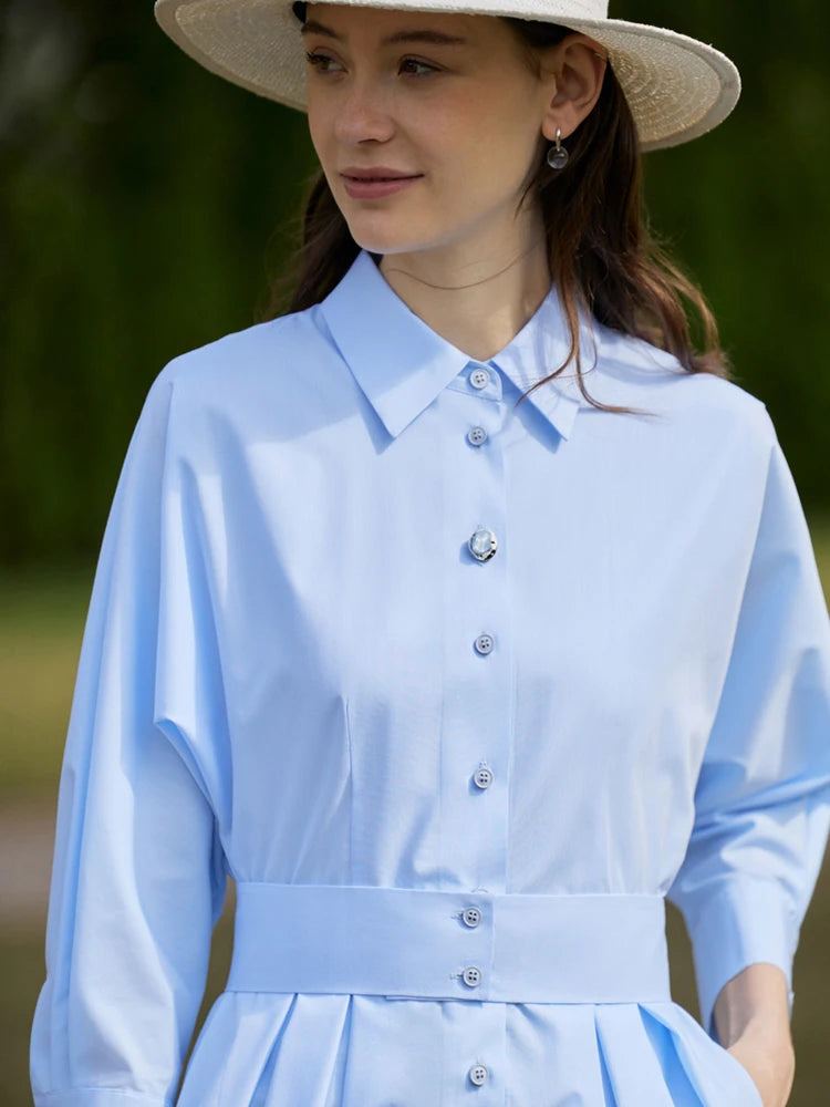 Minimalist Women's Shirt Dress – 2023 Spring Collection, White Pleated Long Dress with Waist Belt, Elegant Casual Style