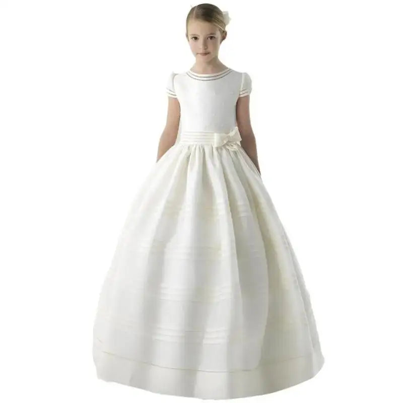 Customized Flower Girls Dresses Vintage Ivory Satin Pearls Top With Bow For Wedding Birthday Party Princess Baptism Gowns