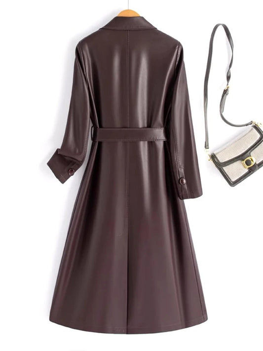 New Women Spring Autumn Split Leather Coat Fashion Turn-down Collar Double Breasted Leather Trench Elegant Long Female Coat - HER SHOP