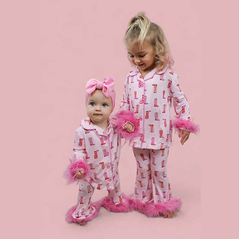 Christmas Mom and Me Matching Cowgirl Pajamas Set — Boot Print Long Sleeve Top & Pants Family Loungewear
