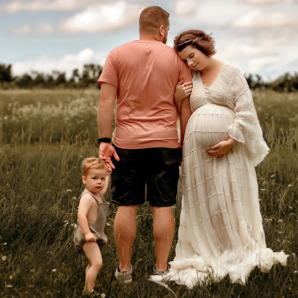 Pleated Chiffon Boho Maternity Photoshoot Dress – Maxi Baby Shower Gown for Pregnant Women | Photography Prop Dress