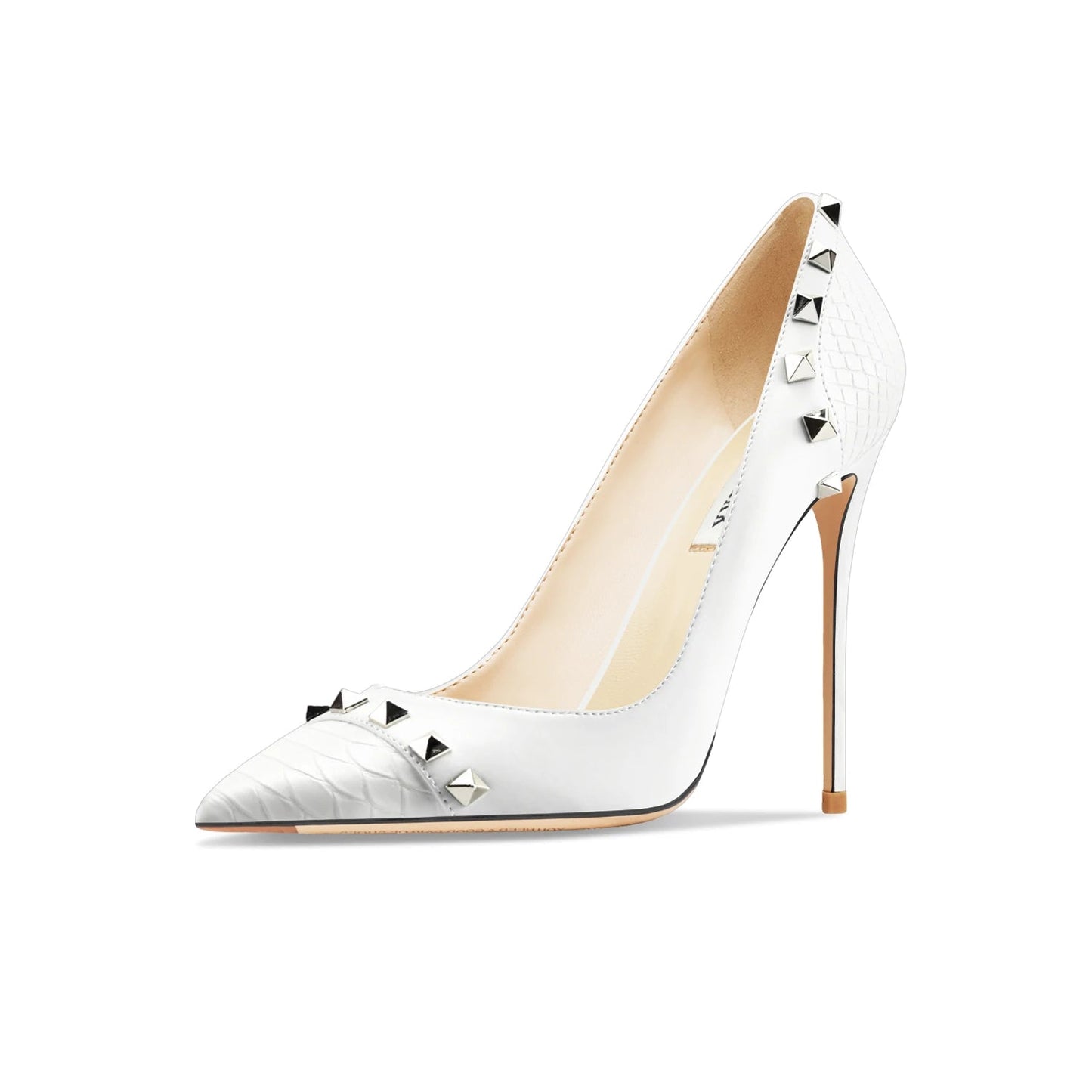 White high-heeled shoe with studded design on a white background