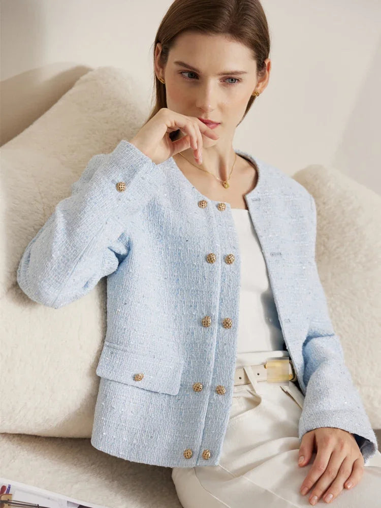 Minimalist Women's Jacket - Spring Collection, Elegant Round Neck, Straight Shoulder, Light Tuxedo-Style Short Coat