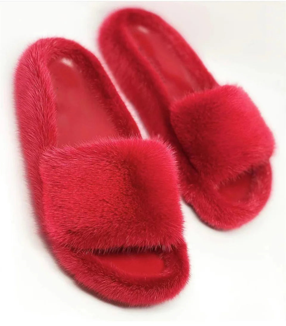Luxury Real Mink Fur Slippers for Women – Summer Flat Slides with Plush Fur and Sheepskin Insole