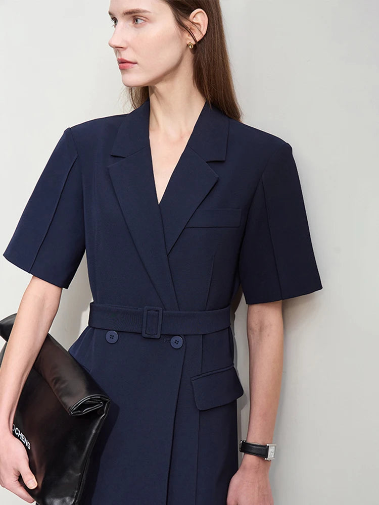 Minimalist Blazer Dress for Women - Spring New, Turn-Down Collar, Belted, Short-Sleeve Toothpick Pleated Dress