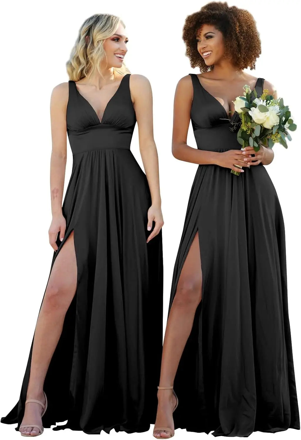 Champagne Gold Bridesmaid Dress – Elegant V-Neck Satin Chiffon Gown for Wedding, Prom & Formal Events