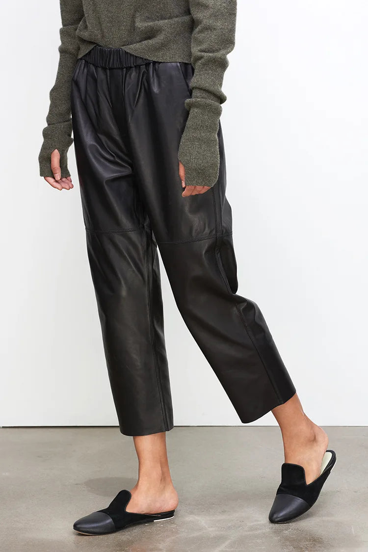 Women’s Genuine Sheepskin Leather Pants – High Waist Straight Fit Ankle-Length Trousers