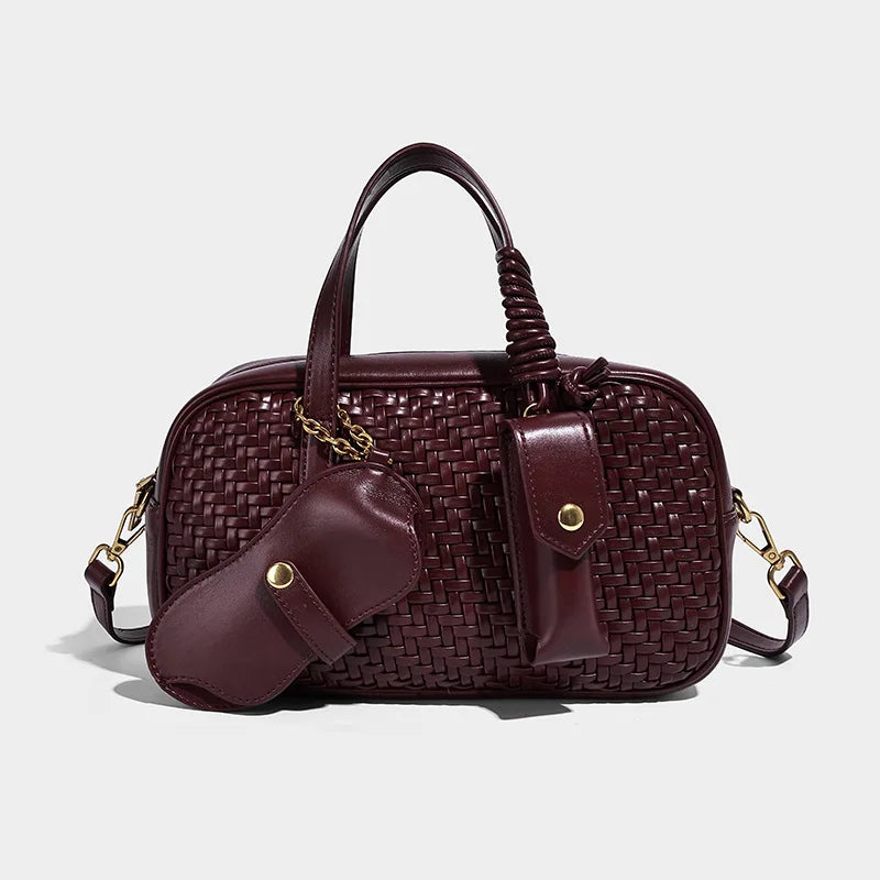 Women's Boston Bag 2025 Fall Winter New Woven Bowling Bag Unique Design Handheld Pack Trendy Light Luxury PU Leather Handbag
