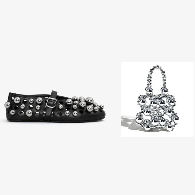 New Rivet Round Head Flat Shoes Orange Leather Sandal Buckle Ballet Sandal Silver Hollow Mary Jane Shoes Lipstick Key Bag 34-45