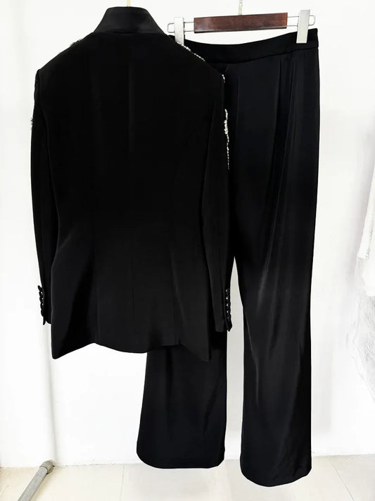 HIGH QUALITY Newest Designer Suit Women Beaded Diamonds Stand Collar Single Button Blazer Wide-leg Pants Set 2PCS - HER SHOP®