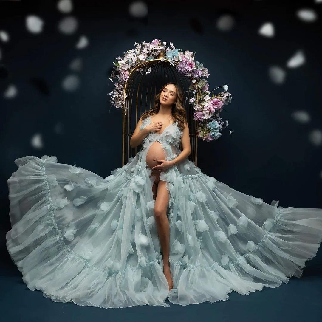 Dream Blue Floral Maternity Dress - Handmade Tulle Gown for Photoshoot HER SHOP Dream Blue Floral Maternity Dress - Handmade Tulle Gown for Photoshoot HER SHOP