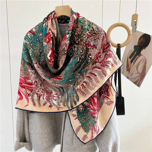 Women’s Classic Large Square Wool Scarf Wrap – Printed Winter Blanket Shawl Cape 135×135cm - HER SHOP