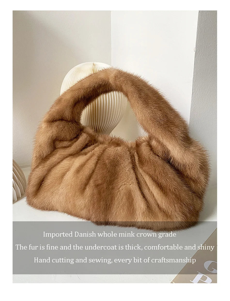 Women’s Real Mink Fur Luxury Shoulder Bag – Large Capacity Leather Crossbody Handbag