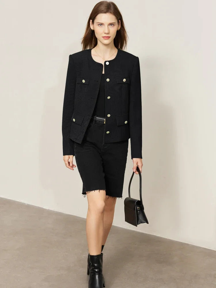 Minimalist Women's Jacket - Spring Collection, Elegant Round Neck, Straight Shoulder, Light Tuxedo-Style Short Coat