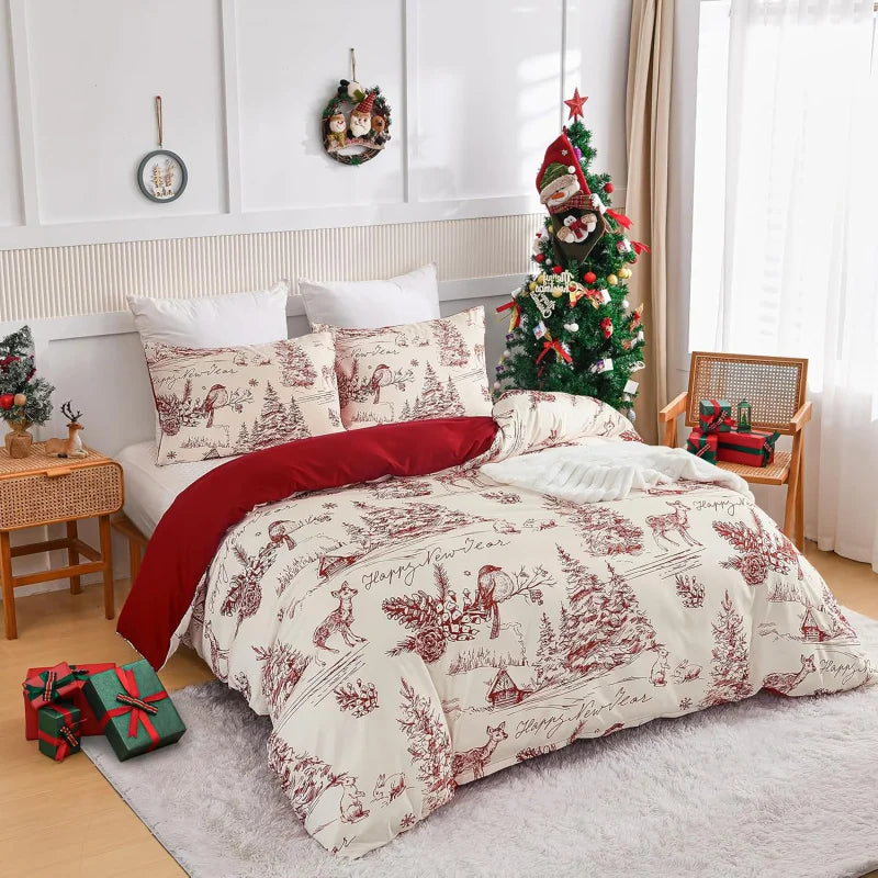 Red Countryside Christmas Bedding Set – 3-Piece Holiday Microfiber Duvet Cover with 2 Zippered Pillowcases